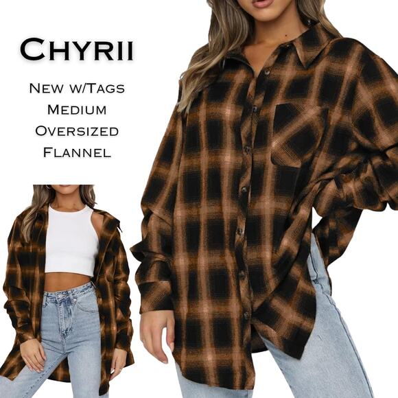 New Chyrii Womens Boyfriends Flannel Shirt Medium Black Brown Plaid Button Down - Picture 1 of 8